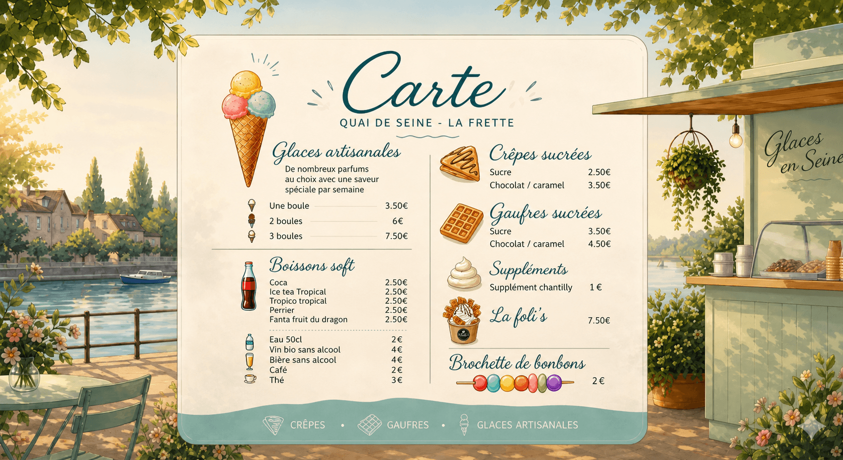 Carte Glaces en Seine — glaces, crêpes et gaufres sur les quais de Seine